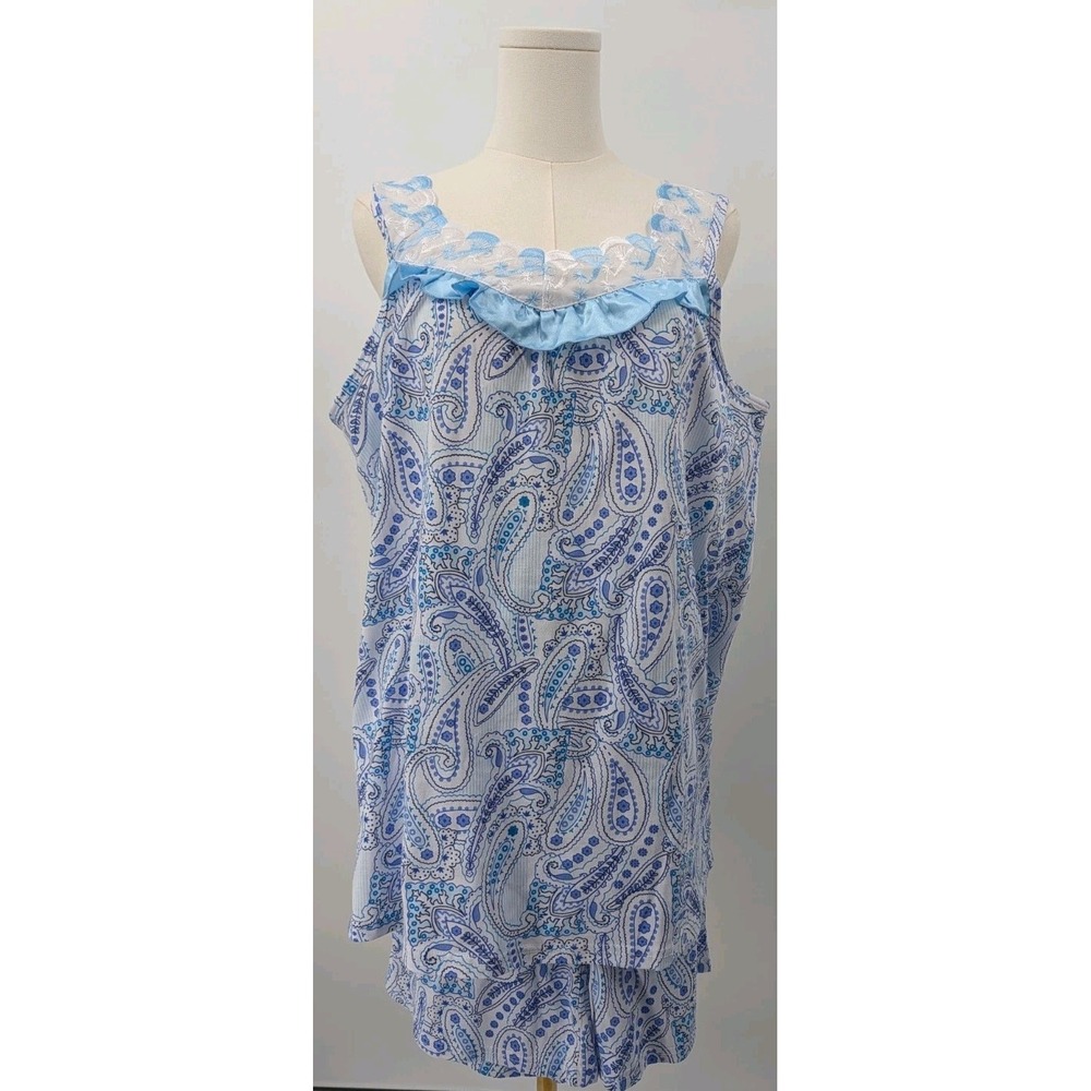 New Lati Fashion PJ Short‎ Set Size M White Blue Paisley Cotton Oversize Ruffles